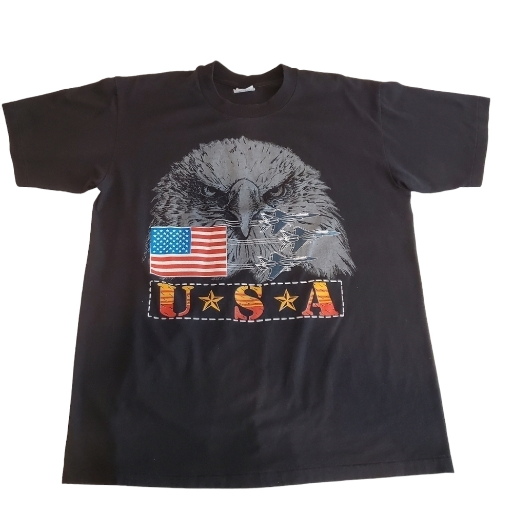 VINTAGE Logo 7 Tshirt Mens Large Black Cotton Single Stitch Eagle USA Flag